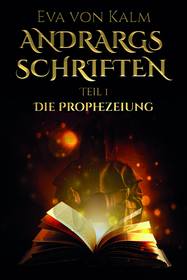 Andrargs Schriften_E-Book Cover Andrargs Schriften Teil 1 Dunkle Figur mit Buch der Prophezeiungen